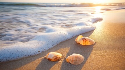 Obraz premium Seashells scattered across a sunlit sandy beach with gentle foamy waves