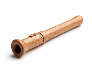 Light brown wooden flute isolated on white background. Simple design, smooth texture, detailed craftsmanship. Studio shot