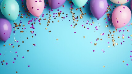 Pastel balloons and confetti on a blue background. Celebration, party, birthday concept. Top view, flat lay, copy space.