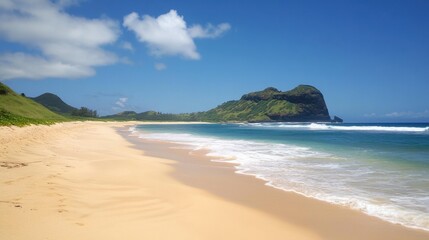 Obraz premium Serene tropical beach with turquoise waves gently lapping against golden sand