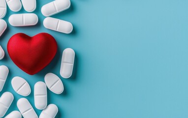 Health awareness campaign heart shape and pills medical context indoor aesthetic viewpoint wellness concept