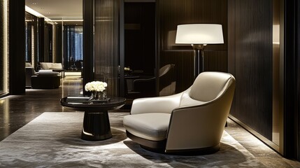 A stylish reading area with a modern armchair, a small side table, and a floor lamp.