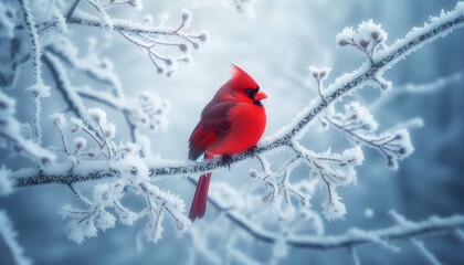 Vibrant Red Cardinal on a Snowy Branch – Winter Wonderland with Glowing Lights.