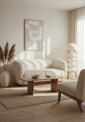 Minimalist, japandi interior design of modern living room.