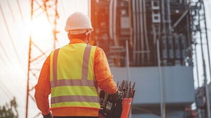 Worker in reflective vest and hard hat standing in front of large electrical transformer, symbolizing power restoration and infrastructure maintenance, holding toolkit with focused expression.