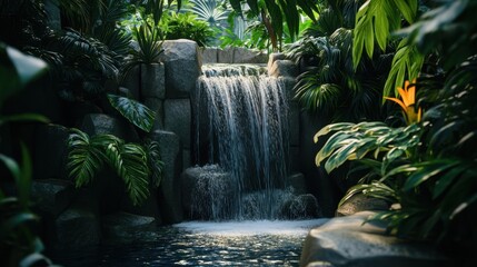 Naklejka premium Small waterfall flowing into a secluded tropical lagoon, an exotic spring break escape