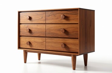 Commode chest of drawers with wooden boxes. Modern design cabinet isolated on white background. Brown wooden texture, furniture for bedroom, living room, modern office. Interior design element.