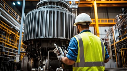 Fototapeta premium Worker in reflective vest and hard hat standing in front of large electrical transformer, symbolizing power restoration and infrastructure maintenance, holding toolkit with focused expression.