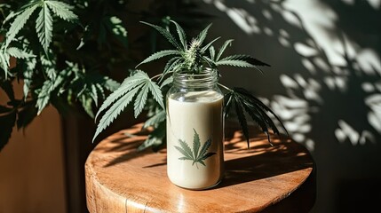 A transparent bottle of hemp milk on a wooden table with natural sunlight.