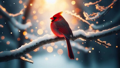 Fototapeta premium Vibrant Red Cardinal on a Snowy Branch – Winter Wonderland with Glowing Lights.