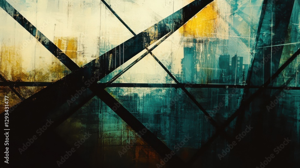 Poster abstract urban landscape with layered textures and intersecting lines representing modern city atmos