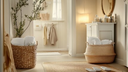 A well-organized entryway with a woven basket, soft slippers, and warm ambient light.