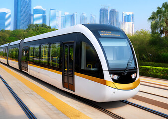 Naklejka premium Modern Light Rail Transit System in Cityscape
