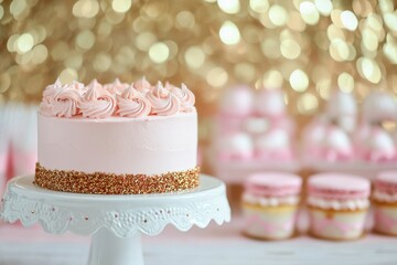 Pink birthday cake with gold sprinkles and pink frosting roses on a white cake stand with a gold bokeh background.
