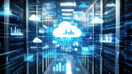 Holographic graphs and charts floating around a cloud computing hub.