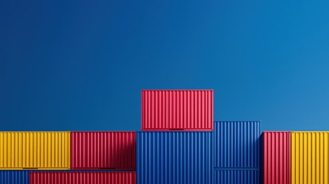Brightly colored shipping containers stacked against a clear blue sky.cargo management warehouse scheduling
