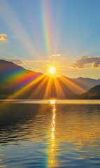 Serene Sunset Over Calm Lake with Colorful Sun Rays and Reflections