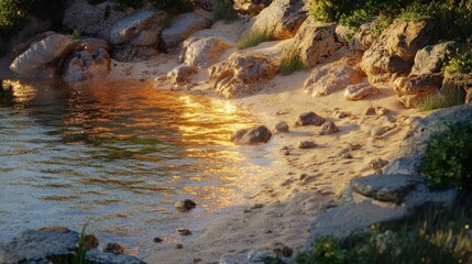 Obraz premium Sunset glow over a tranquil cove, with warm tones reflecting off the water and sand