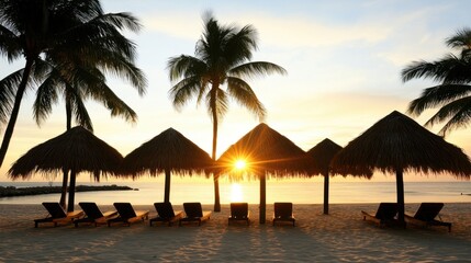 Sun setting behind a row of beach umbrellas and lounge chairs, creating a peaceful spring break scene