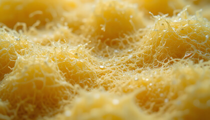 Sponge for washing dishes, Yellow dishwashing sponge close-up with dewdrops