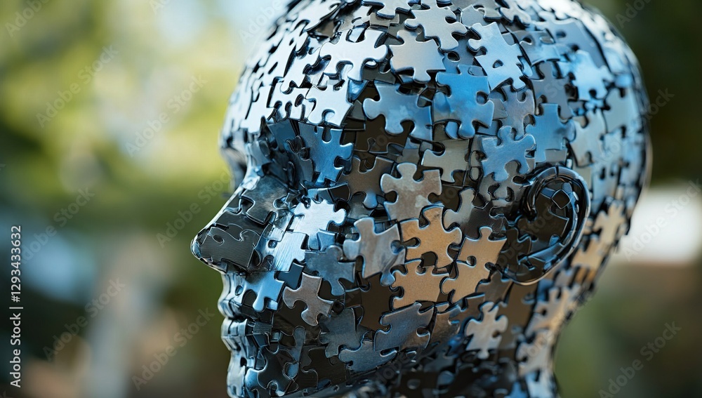Poster solving complex puzzles: a head made of interlocking pieces represents the intricacies of the mind a