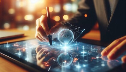 Businessman Using Futuristic Digital Tablet – Innovation, Technology & Data Analytics.