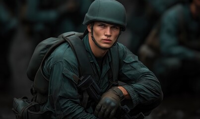 Obraz premium Paratrooper in tactical gear quietly scans an enemy zone, prepared for combat during a covert night mission