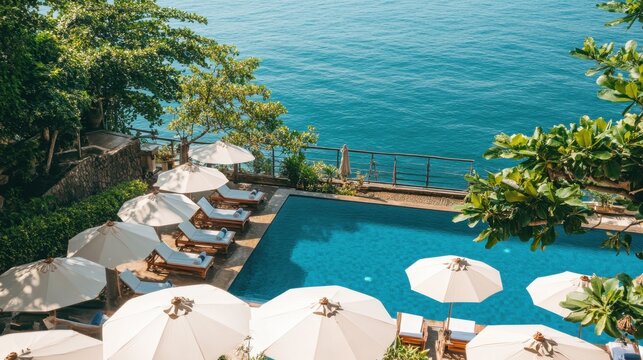 Top view of an infinity pool overlooking the ocean, symbolizing luxury and relaxation on spring break