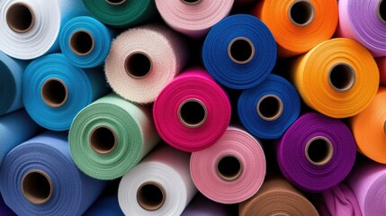 Various rolls of fabric feature vibrant colors and different textures, displayed prominently in a warehouse setting with a dark backdrop