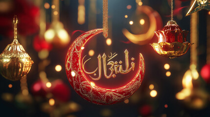 Elegant Ramadan Crescent Moon Festive Decoration Gold Red Glitter Lights  Islamic Holiday Celebration Hanging Ornaments Shiny Luxury Design Festive Background Sparkling  Ornate Arabic Calligraphy Joy 
