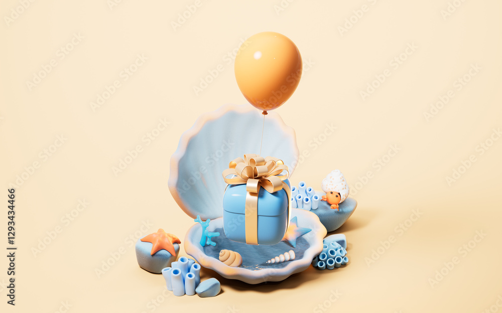 Poster scallop shell underwater with gift box inside, 3d rendering.