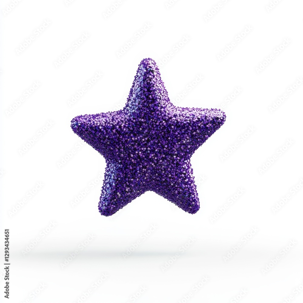 Poster purple star shaped object composed of tiny particles, isolated on white background. soft lighting, t