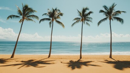 Obraz premium Tropical paradise with swaying palm trees casting shadows on the warm, golden sand and a calm ocean stretching to the horizon