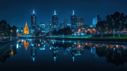 Obraz premium Vibrant city skyline at night reflecting over a calm river, with famous landmarks lit up