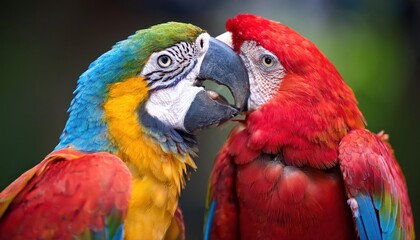 Naklejka premium Vibrant Tropical Mosaic Scarlet and Blueandyellow Macaws in a Bold, Striking Display of Colors, Amidst the Lush Rainforest Canopy