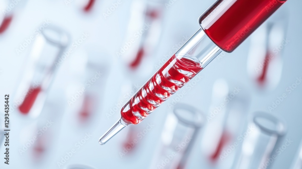 Poster close up view of a pipette with a red liquid, against a blurred background of numerous test tubes, a