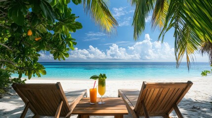View of a private beach with luxurious sunbeds and tropical drinks on a wooden table