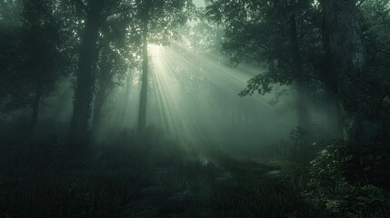 A dense, foggy forest with rays of sunlight breaking through the trees and illuminating the mist.