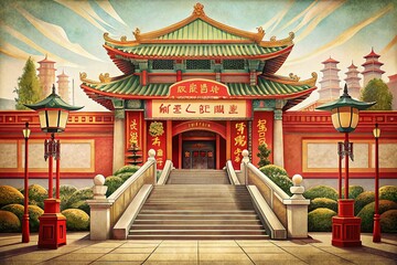 Obraz premium Vintage Chinese Building Welcome Sign Steps Red Gold Pots Plants Stock Photo