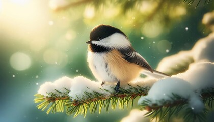 Obraz premium Vibrant Red Cardinal on a Snowy Branch – Winter Wonderland with Glowing Lights.