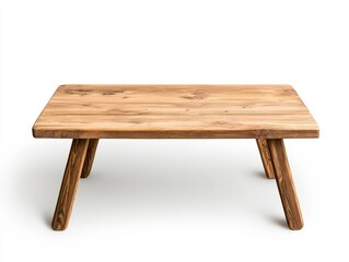 Rustic light brown wooden coffee table with a rectangular top and simple trestle legs, isolated on white background