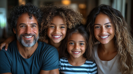 Fototapeta premium A heartwarming family portrait showcasing a loving father, mother, daughter, and son, beaming with joy and togetherness, bathed in soft natural light.