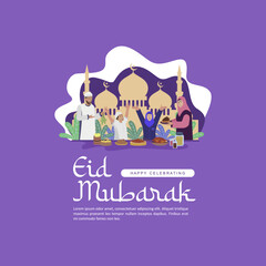 Fototapeta premium Eid Mubarak 2025 celebration with happy muslim family enjoying festive meal and new clothes. Best illustration for Islamic holiday, Ramadan feast, and Eid Mubarak tradition. Vector illustration.