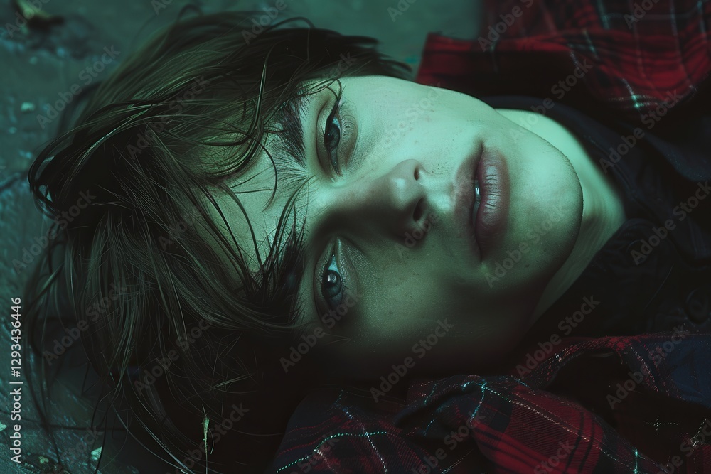 Poster a person lies on the ground, gazing directly at the camera with an expression that conveys emotion, 