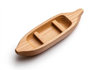 Simple wooden boat model on white background. Detailed craftsmanship is visible. Light wood tone and smooth surface. Studio shot