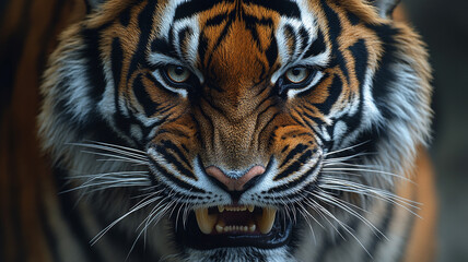 Fototapeta premium A majestic tiger's intense gaze, a raw display of power and untamed beauty, captured in striking detail with dark, moody lighting.