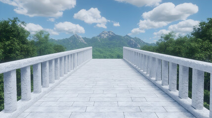 Mountaintop stone bridge, serene view, summer sky, peaceful landscape, travel poster