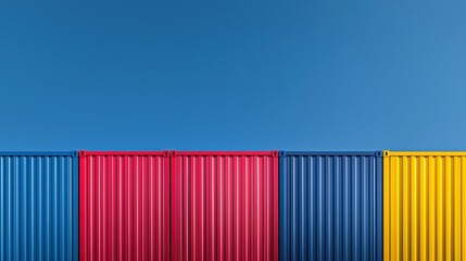 A row of colorful shipping containers contrasts with a clear blue sky, creating a vibrant and industrial aesthetic.cargo management warehouse scheduling
