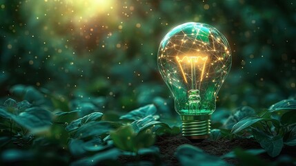 A glowing eco-friendly green lightbulb on a green background, symbolizing sustainability and renewable energy in modern technology. --