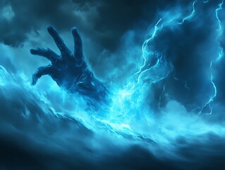 Giant hand emerges, stormy sky